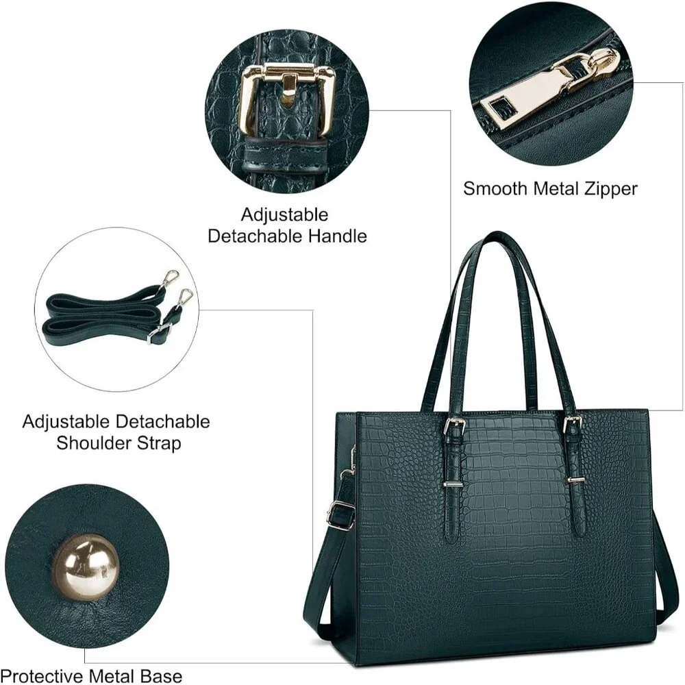〽️Women Dark Green Leather Waterproof Professional Shoulder Bag 15.6 Inch